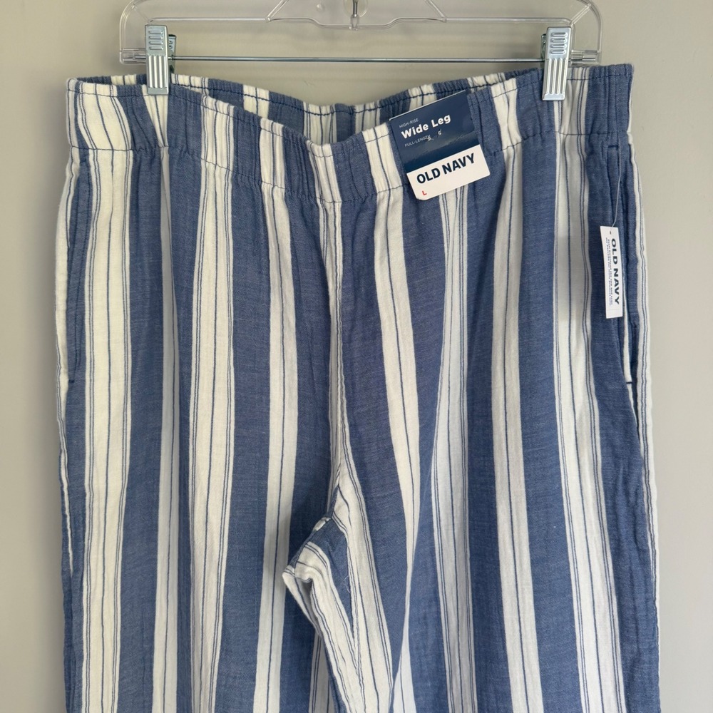 NEW Old Navy 100% Cotten Wide Leg Pants Blue White Stripe Pull-On SZ Large NWT - Picture 2 of 14